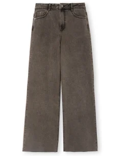Jean Wide Taille Haute Avec Bas Coupés - Marron