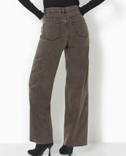 Jean Wide Taille Haute Avec Bas Coupés - Marron