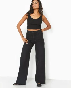 Jean Wide Taille Haute Avec Bas Coupés - Noir