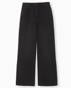 Jean Wide Taille Haute Avec Bas Coupés - Noir