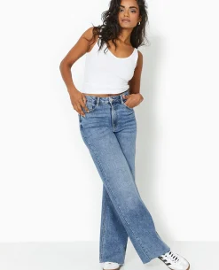 Jean Wide Taille Haute Avec Bas Coupés - Bleu