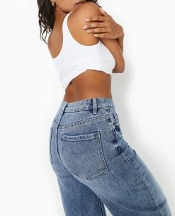 Jean Wide Taille Haute Avec Bas Coupés - Bleu