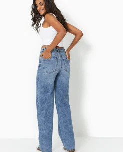 Jean Wide Taille Haute Avec Bas Coupés - Bleu