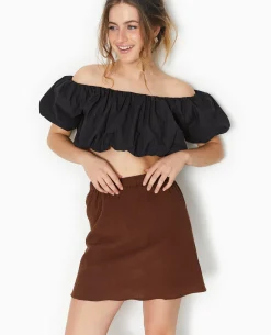 Jupe Courte En Tissu Effet Froissé - Marron