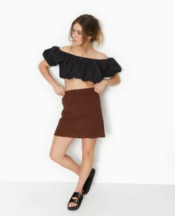 Jupe Courte En Tissu Effet Froissé - Marron
