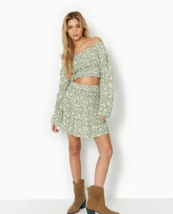 Jupe Courte En Tissu Effet Froissé Motif Fleurs - Vert Kaki
