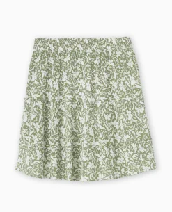 Jupe Courte En Tissu Effet Froissé Motif Fleurs - Vert Kaki