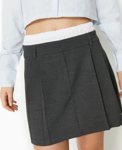 Jupe Courte Plissée Effet Caleçon Apparent - Gris