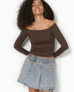 Jupe Courte Portefeuille En Jean Avec Ceintures - Marron