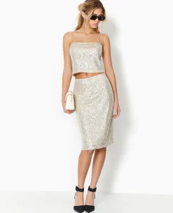 Jupe Droite Avec Sequins Longueur Genoux - Beige