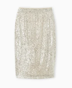 Jupe Droite Avec Sequins Longueur Genoux - Beige