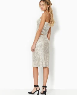 Jupe Droite Avec Sequins Longueur Genoux - Beige