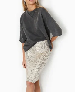 Jupe Droite Avec Sequins Longueur Genoux - Beige