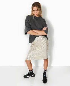 Jupe Droite Avec Sequins Longueur Genoux - Beige