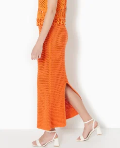 Jupe Droite En Maille Ajourée - Orange