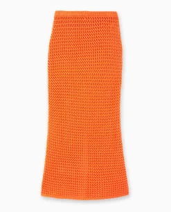 Jupe Droite En Maille Ajourée - Orange