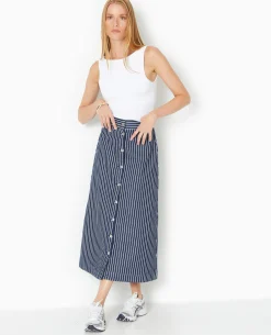 Jupe En Jean Longue Et Boutonnée Avec Rayures - Bleu