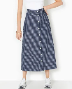 Jupe En Jean Longue Et Boutonnée Avec Rayures - Bleu