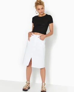 Jupe En Jean Midi Base Coupée Et Effilochée - Blanc