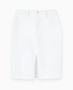 Jupe En Jean Midi Base Coupée Et Effilochée - Blanc