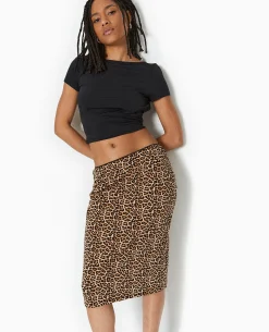 Jupe En Jersey Longueur Genoux Motif Léopard - Marron