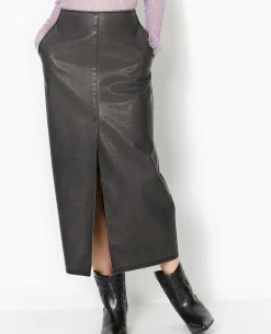 Jupe Longue En Faux Cuir Used - Gris Foncé