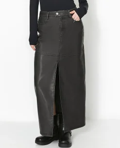 Jupe Longue En Faux Cuir Used Avec Poches - Gris Foncé