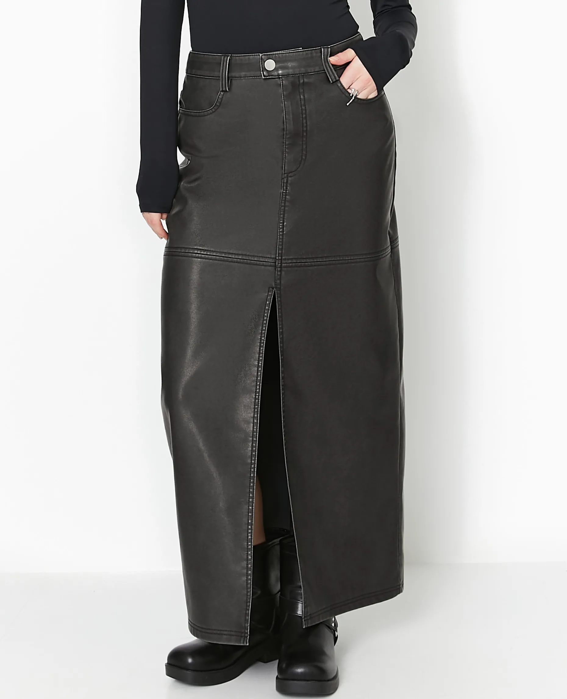Jupe Longue En Faux Cuir Used Avec Poches - Gris Foncé