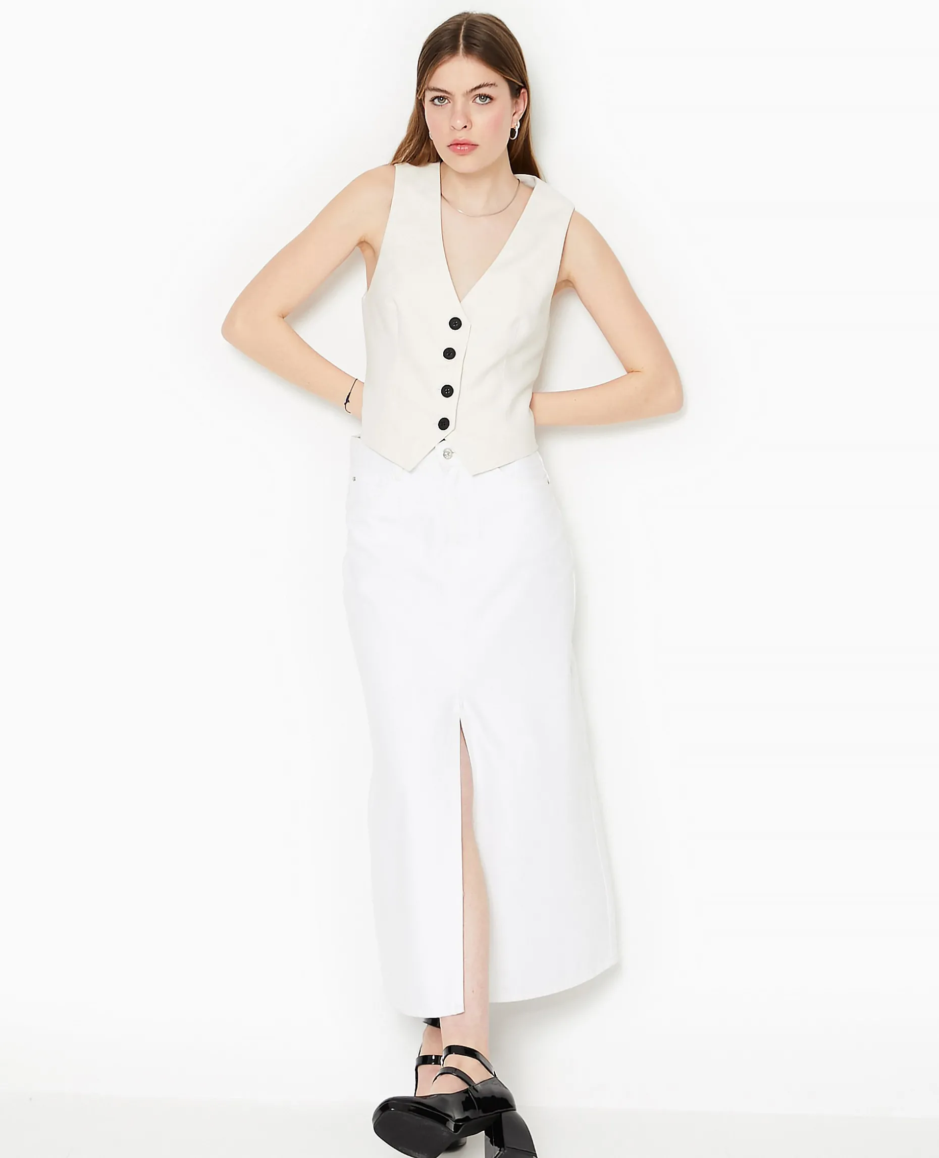 Jupe Longue En Jean Avec Fentes - Blanc