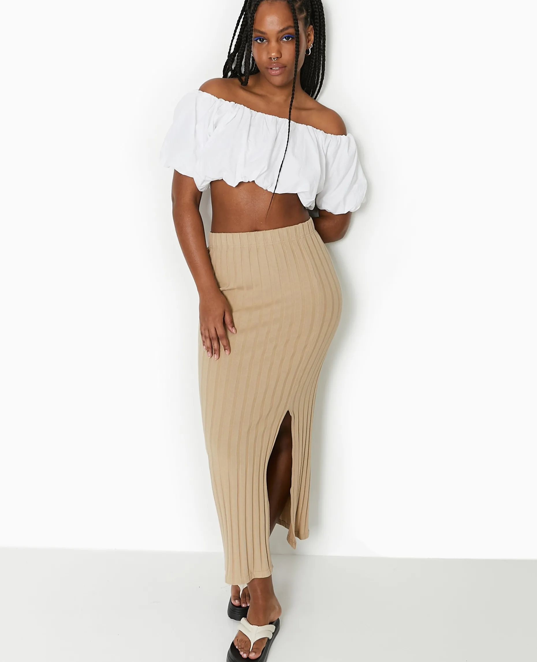 Jupe Longue En Maille Côtes Plates - Beige