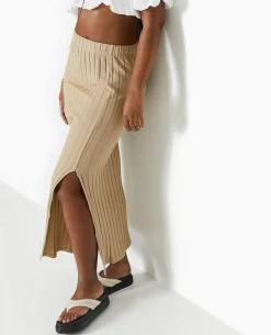 Jupe Longue En Maille Côtes Plates - Beige