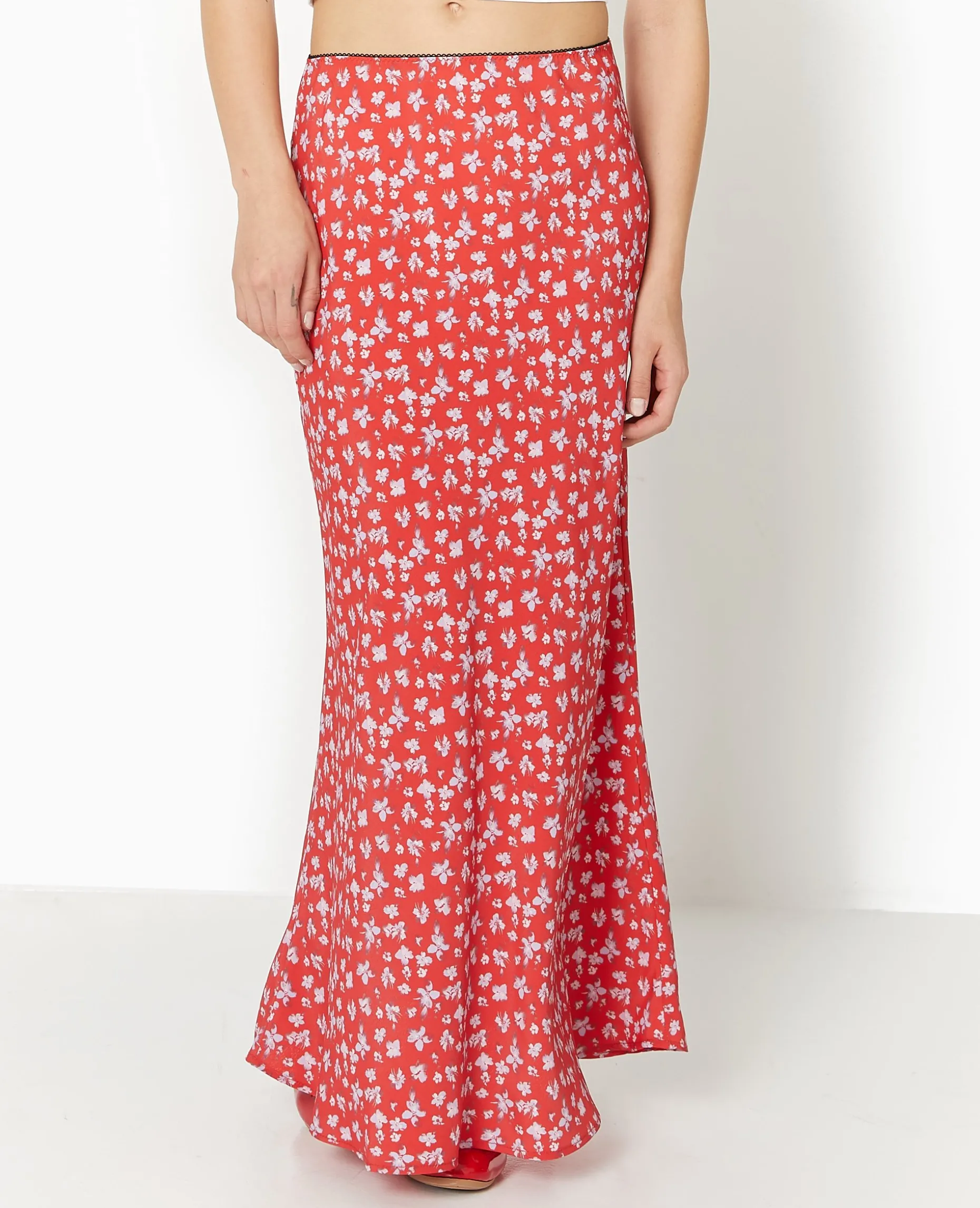 Jupe Longue En Tissu Fluide Motif Fleurs - Rouge