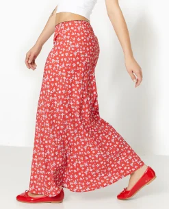 Jupe Longue En Tissu Fluide Motif Fleurs - Rouge