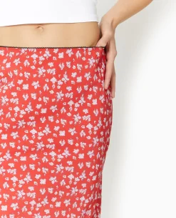 Jupe Longue En Tissu Fluide Motif Fleurs - Rouge