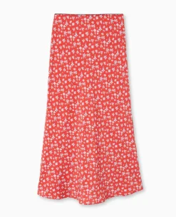Jupe Longue En Tissu Fluide Motif Fleurs - Rouge