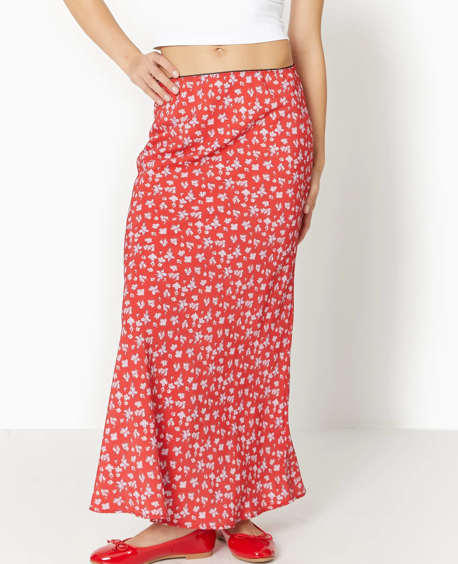 Jupe Longue En Tissu Fluide Motif Fleurs - Rouge