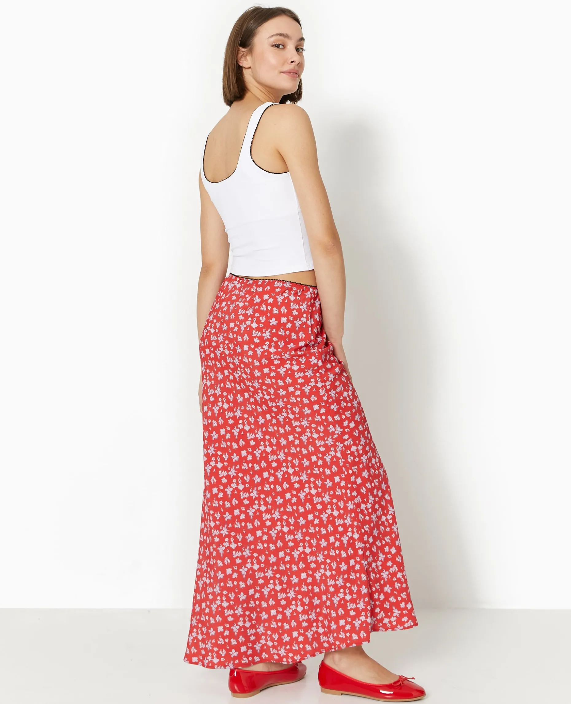 Jupe Longue En Tissu Fluide Motif Fleurs - Rouge