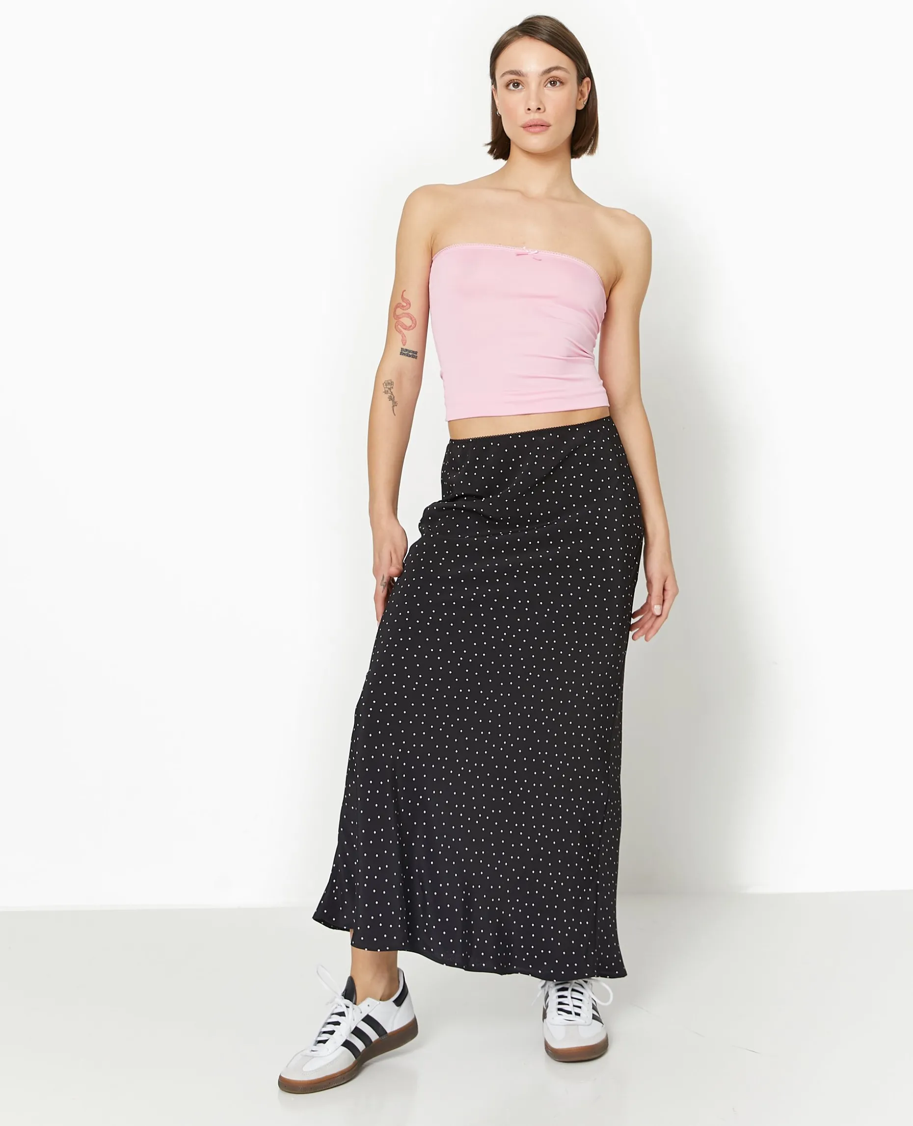 Jupe Longue En Tissu Fluide Motif Pois - Noir
