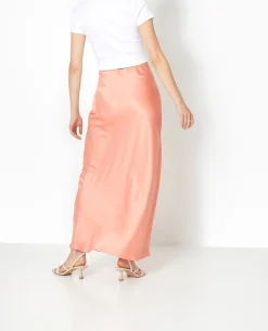 Jupe Longue En Tissu Satiné - Corail