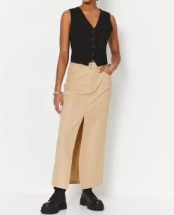 Jupe Longue En Toile Avec Fente - Beige