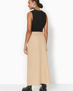 Jupe Longue En Toile Avec Fente - Beige