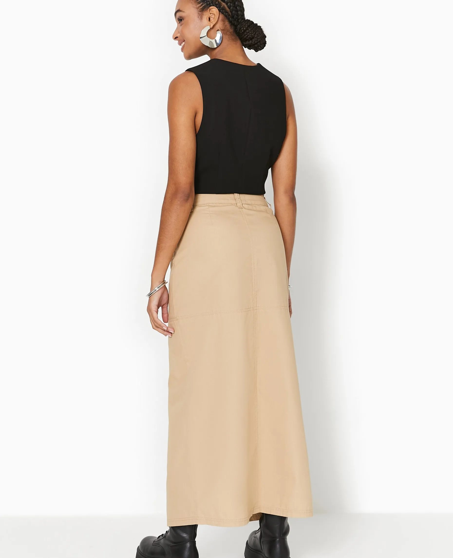 Jupe Longue En Toile Avec Fente - Beige