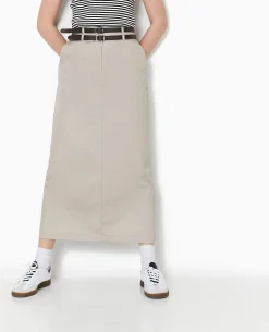 Jupe Longue En Toile Avec Ceintures - Beige