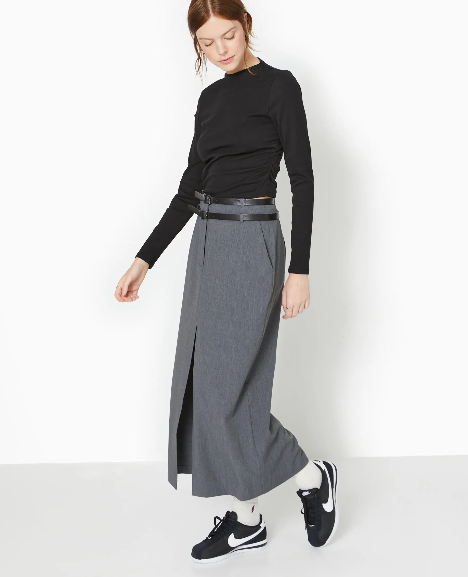 Jupe Longue Et Droite Avec Double Ceinture - Gris Foncé