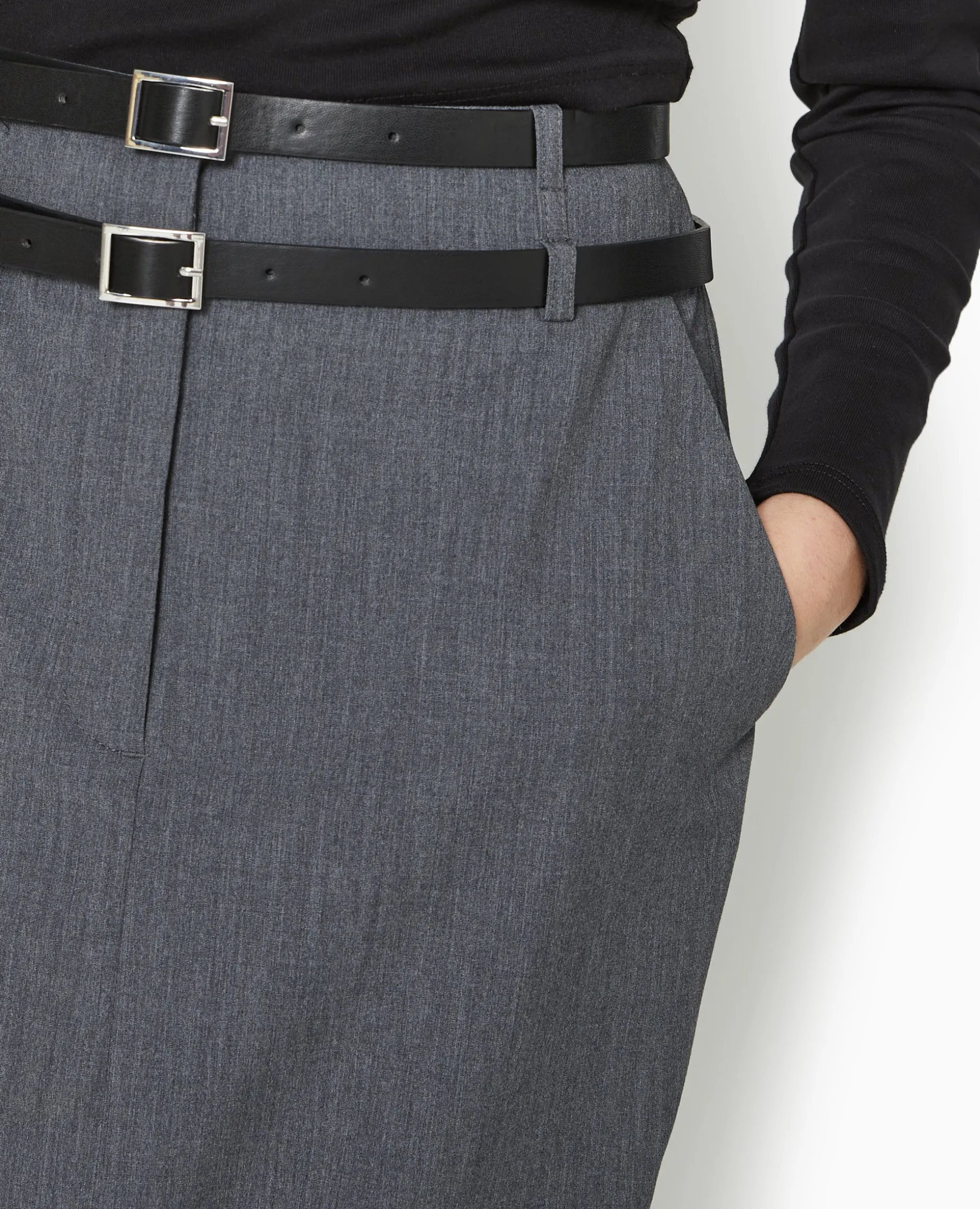 Jupe Longue Et Droite Avec Double Ceinture - Gris Foncé