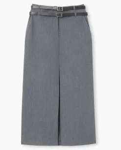 Jupe Longue Et Droite Avec Double Ceinture - Gris Foncé