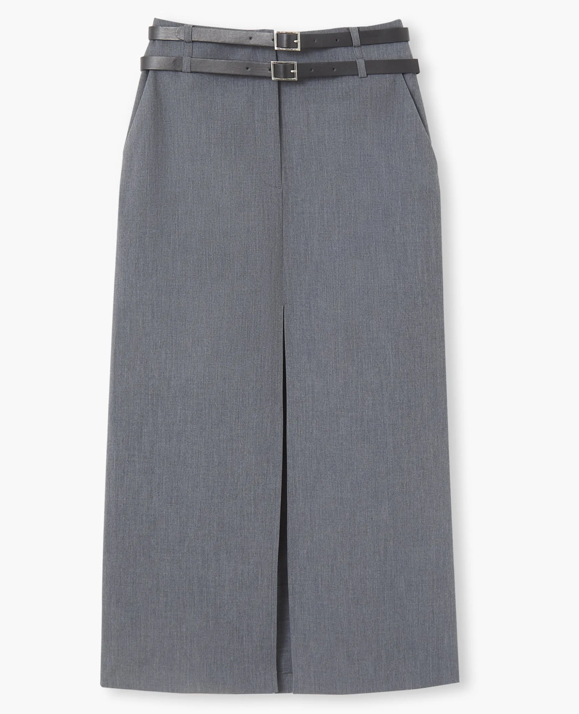 Jupe Longue Et Droite Avec Double Ceinture - Gris Foncé
