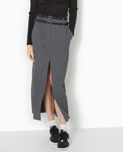 Jupe Longue Et Droite Avec Double Ceinture - Gris Foncé