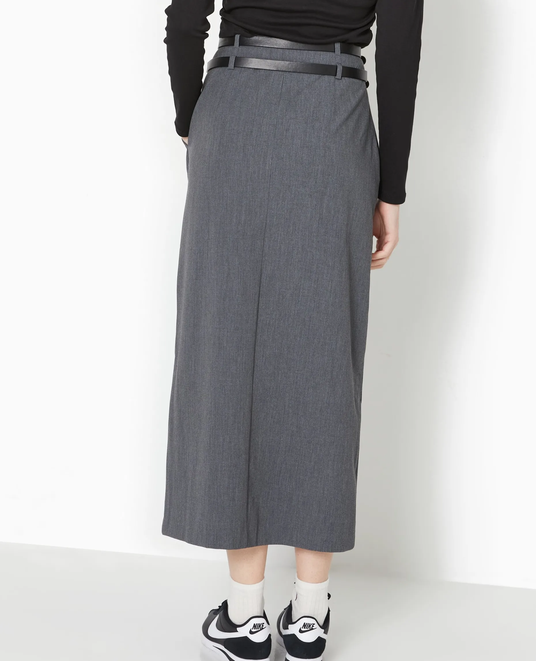 Jupe Longue Et Droite Avec Double Ceinture - Gris Foncé