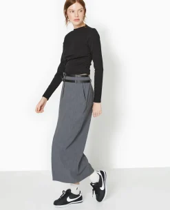 Jupe Longue Et Droite Avec Double Ceinture - Gris Foncé